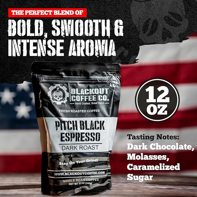 Blackout Coffee Pitch Black Espresso Whole Bean Coffee – Extra Dark Roast, European-Style, Powerfully Bold – Freshly Roasted 12oz Bag, American Made