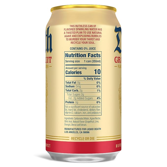 Liquid Death, Grave Fruit, Grapefruit-Flavored Sparkling Water, 12-Pack (12oz Cans), Low Sugar, Huge Flavor & No Artificial Sweeteners