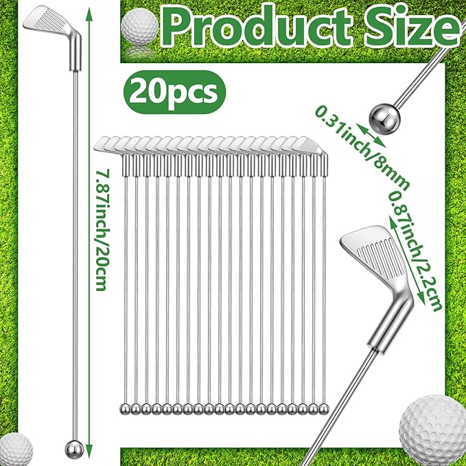 Hushee 20 Pcs Metal Golf Cocktail Stirrers Swizzle Stir Sticks 7.87 Inch Reusable Drink Stirrer Sticks Party Decorations Golf Party Clubhouse and Outing Decorations