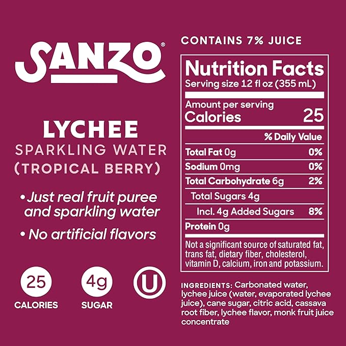 Sanzo Flavored Sparkling Water - Tropical Berry Seltzer (Lychee) - Low Calorie Low Sugar Soda - Craft Asian Drinks - Vegan Gluten Free Carbonated Flavored Water - Fizzy Healthy Drinks - 12oz, 12 Pack
