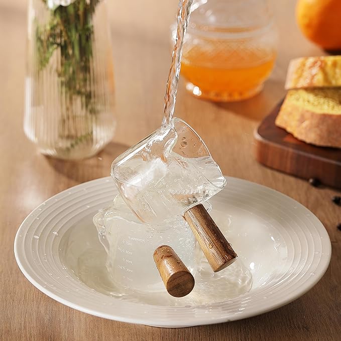 2 Pack Measuring Cups, Espresso Shot Glass with Wood Handle, Clear Glass with Dual Scale, Espresso Accessories with Double Spouts, 2.5 OZ /75 ML