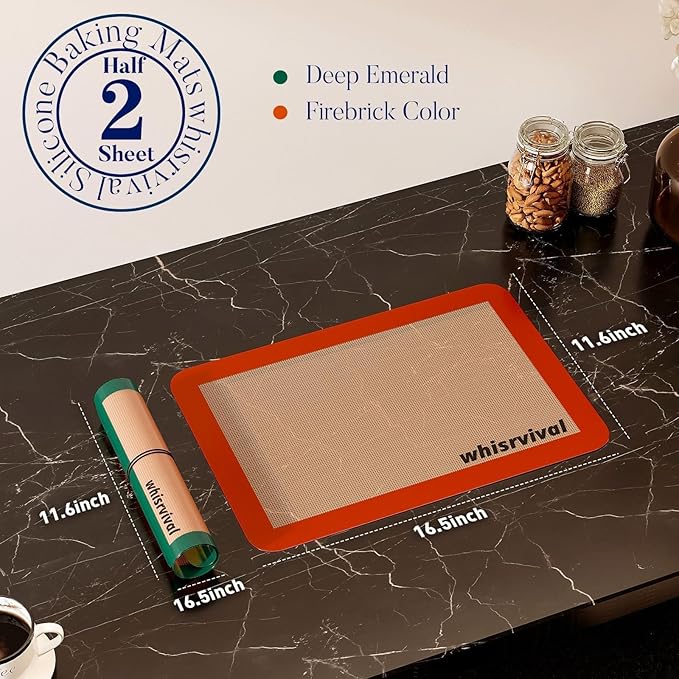 Silicone Baking Mat, Reusable Silicone Baking Sheets for Oven, 2Pcs Half Sheet(16.5"x11.6") Non-Stick Silicone Mats for Baking Cookies, Bread, Roasting Vegetables, Meat, Candy Making