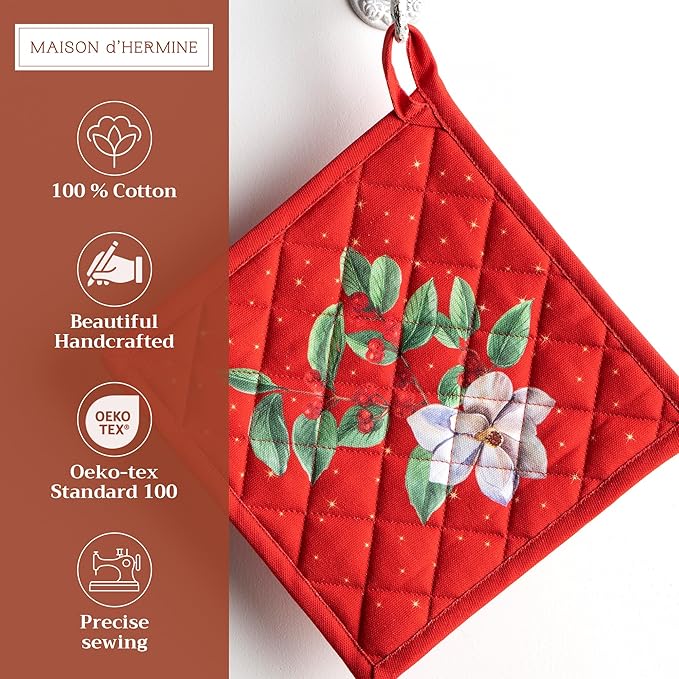 Maison d' Hermine Pot Holders 100% Cotton Heat Resistant Potholders 8" x 8" Hot Pads with Loop BBQ, Cooking, Baking, Grilling, Kitchen, Handling Hot Pans (Pack of 1, Noel)