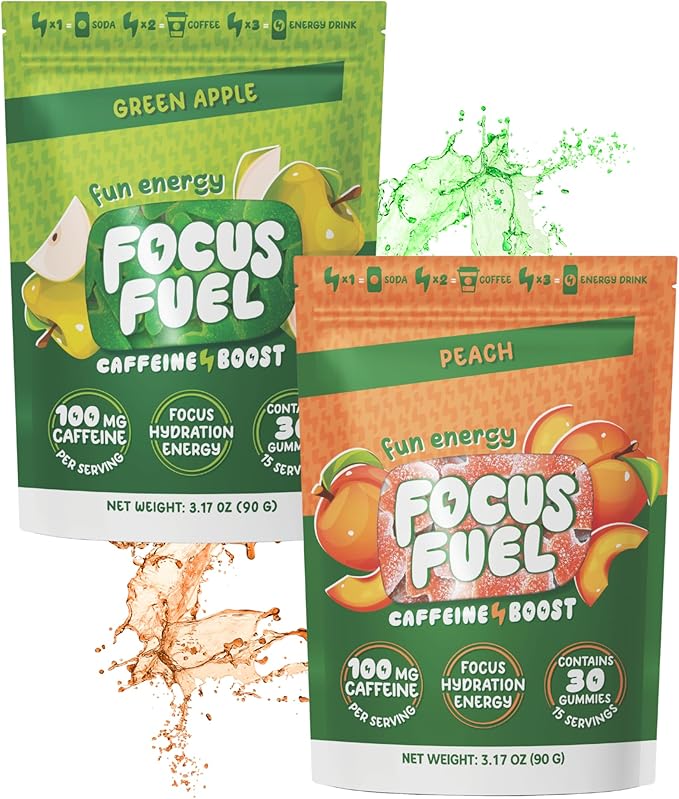 FocusFuel Energy Chews Variety Pack – Peach & Green Apple (2-Pack, 30 Servings Total) – 100mg Natural Caffeine + Nootropics – Crisp, Sweet Energy Combo