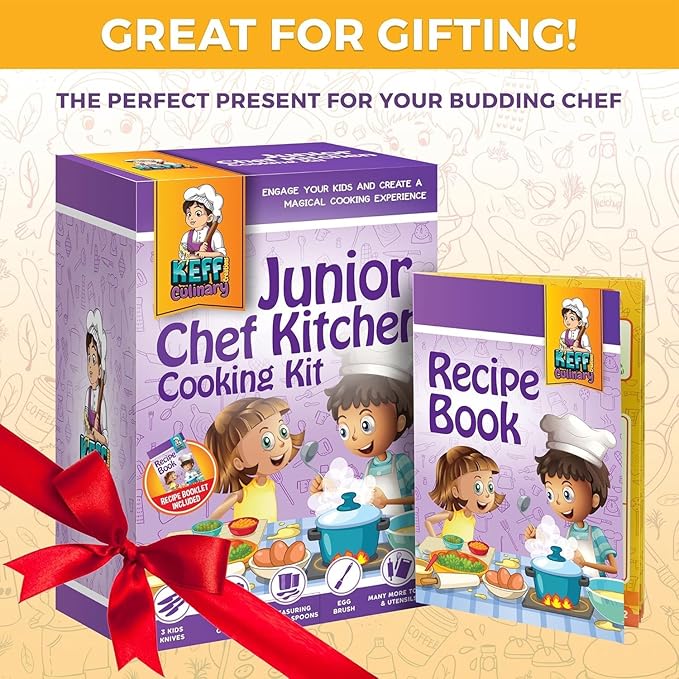KEFF Kids Kitchen Set for Cooking & Baking with Recpie Book - Kids Knife Set for Real Cooking, Montessori Kitchen Tools for Toddlers - Real Utensils with Cutting Board and Knifes BPA-Free