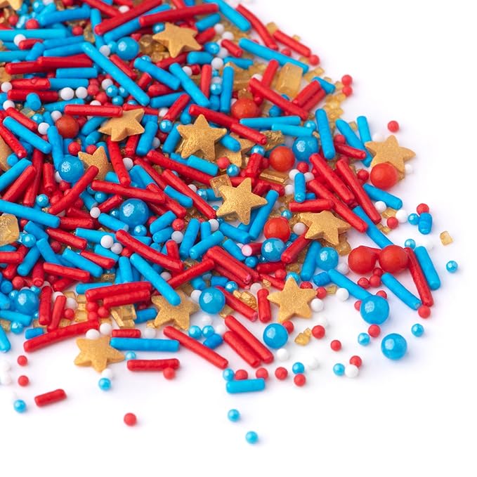 Sweets Indeed Sprinkles, Patriotic Edible Sprinkle Mix, Red Blue Gold, 4th of July, Perfect for Cake Decorations, Baking, Ice Cream, Cookies, Cupcake Topper For Birthday, Dairy Free, 4 ounces (Marvelous)