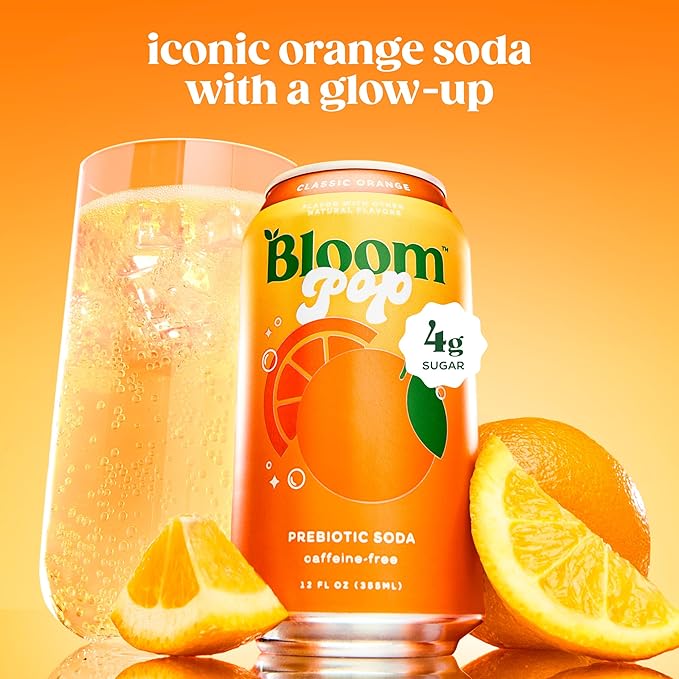 Bloom Pop Prebiotic Soda 12 Pack, Classic Orange Flavor, 12oz Cans | Prebiotic Soda for Gut Health, Low Calorie Soda, No Caffeine, Healthy Soft Drink Alternative
