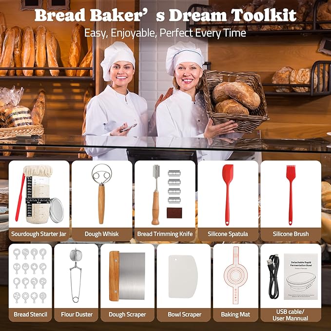 Heating Sourdough Starter Kit, 4L Electric Thermostatic Silicone Square Foldable Banneton Bread Proofing Basket with 6 Timer & Temp Settings for Dough Rising, Dishwasher Safe, Bread Making Kit