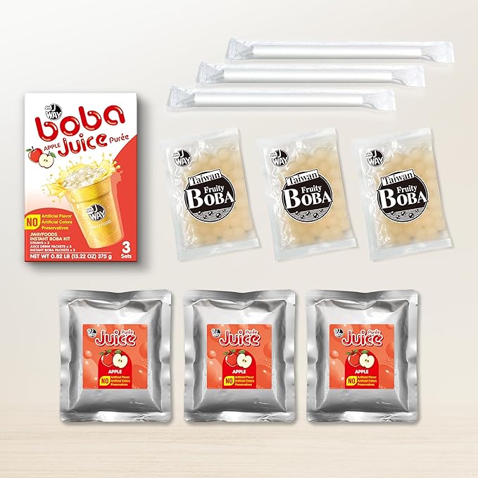 J WAY Instant Boba Bubble Pearl Apple Juice Drinks Kit with Authentic Crystal Tapioca Boba, Ready in Under One Minute, Paper Straws Included, 3 Servings