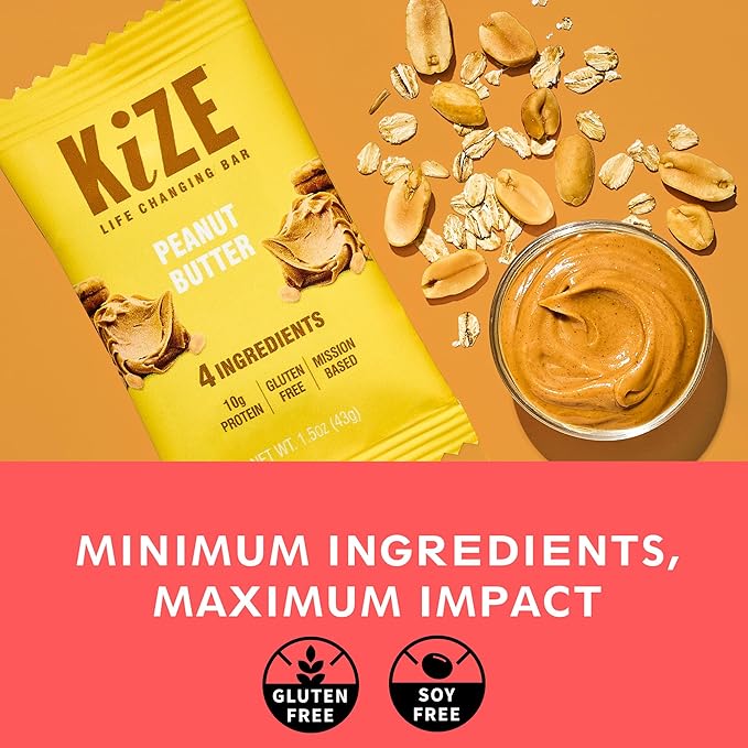 KiZE Energy Bars - Peanut Butter - 20-Count - Gluten Free, Non-GMO, and High Protein Meal Replacement Energy Bars, Clean and Simple Food Ingredients - 10g High Protein Snacks (20 Count)