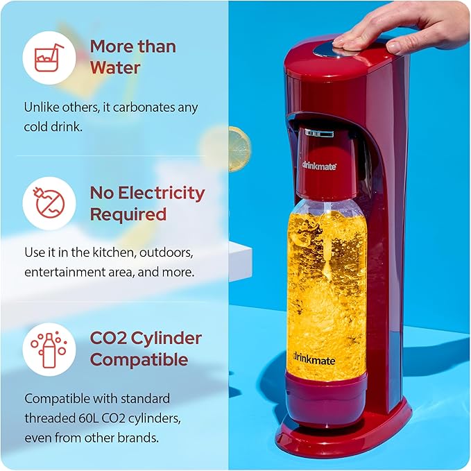 Drinkmate OmniFizz Sparkling Water and Soda Maker, Carbonates Any Drink, Special Bundle - Includes 60L CO2 Cylinder, Two Carbonation Bottles, and Fizz Infuser (Royal Red)