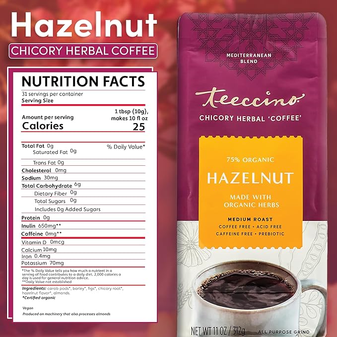 Teeccino Hazelnut Chicory Coffee Alternative - Ground Herbal Coffee That’s Prebiotic, Caffeine Free & Acid Free, Medium Roast, 11 Ounce (Pack of 6)