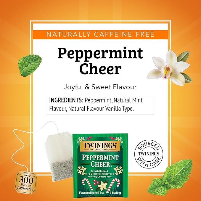 Twinings Peppermint Cheer Herbal Tea Individually Wrapped Bags, 20 Count (Pack of 6), Peppermint & Creamy Vanilla, Naturally Caffeine-Free, Enjoy Hot or Iced, 120 Teabags