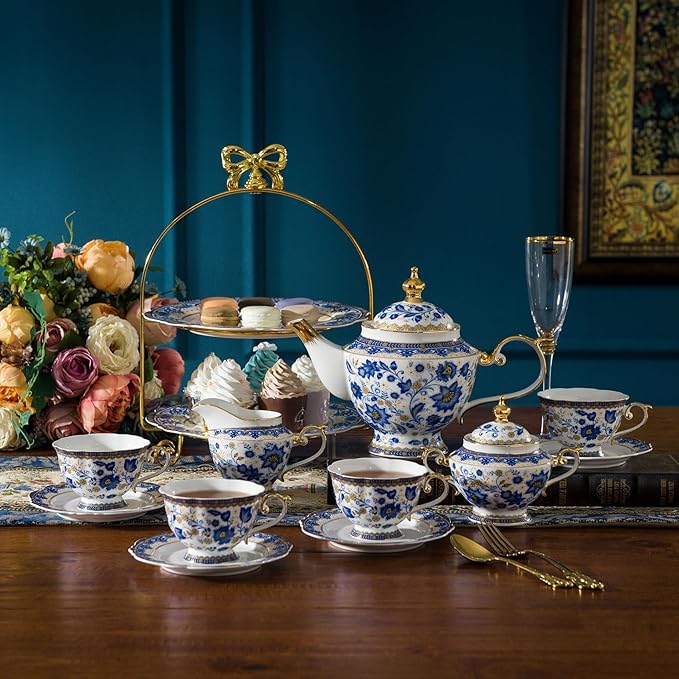 ACMLIFE Bone China Tea Set for 6, Blue and White Tea Set for Adults 24K Gold, Vintage Floral British English Cups and Saucers for Women Party or Gift Giving (Blue)
