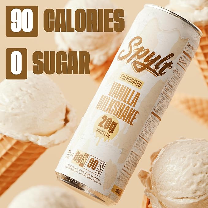 Spylt High Protein Vanilla Milkshake with 60mg Caffeine & 20g Protein - 90 Calories, Ready to Drink, Sugar Free, Lactose Free Milk, Perfect for Workout Recovery & Afternoon Pick Me Up - 12 Count