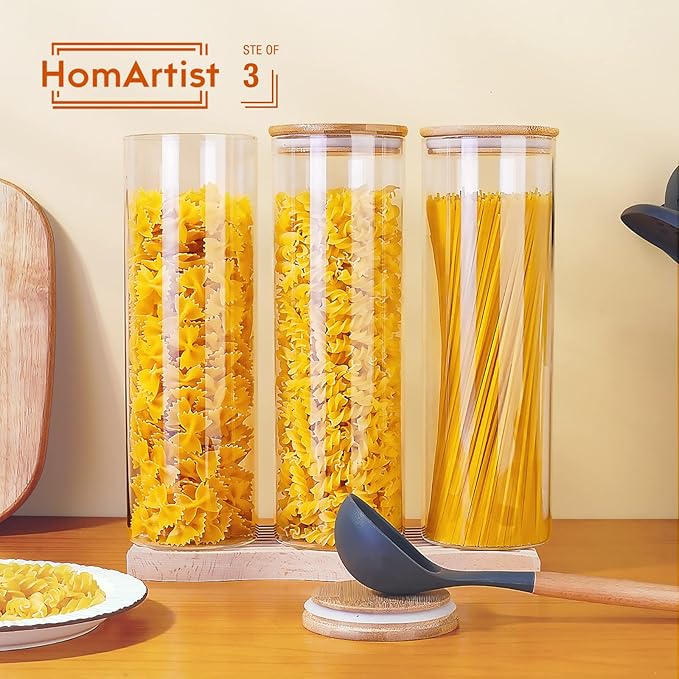 Glass Jars with Bamboo Lids 79 FL OZ [Set of 3], Glass Canisters with Airtight Lids, Glass Food Storage Containers for Spaghetti, Fettuccine, Linguine,Pasta, Best for Kitchen & Pantry