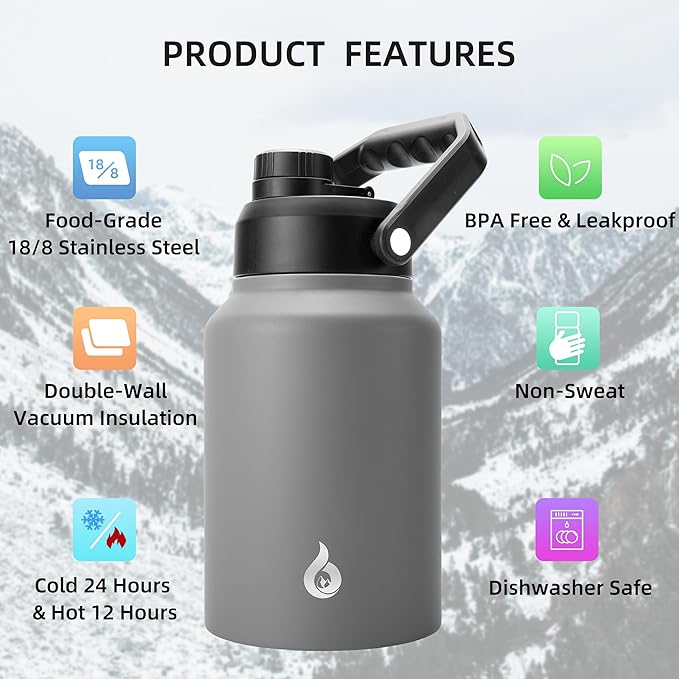 BJPKPK 64 oz Insulated Water Bottle, Dishwasher Safe Half Gallon Water Bottle with Ergonomic Handle, BPA Free Leak Proof Water Jug for Sports, Metal Thermos with Anti-slip Bottom, Grey