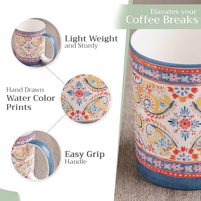 Maison d' Hermine Coffee Mug with Handles Fine Bone China Mugs Pack of Two Tea Cups for Hot Beverages Cappuccino Latte Home Restaurant Office Perfect for Gift (Indian Floral, 12 Ounce)