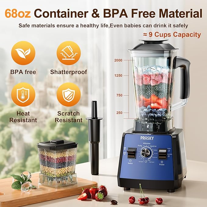 Blenders for Kitchen, Commercial Blender,2400W PRASY Food Processor with 101oz Juice & Grinder Jar, BPA-Free, 25000 RPM Blenders for Smoothies, Ice Crushing, Frozen Fruit (Blue, 2L)