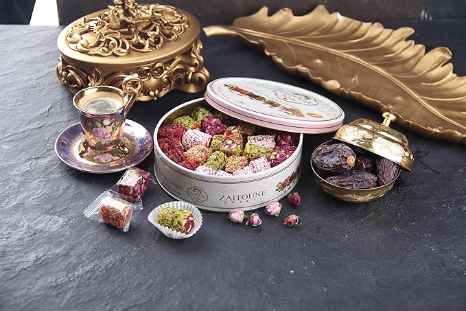Zaitoune Turkish Delight Mix - 9 oz | Luxury Coatings of Pomegranate, Pistachio, Coconut, Kataifi & Rose | Authentic Lokum Sweet Assortment in a Beautiful Gift Tin | Handmade & Individually Wrapped
