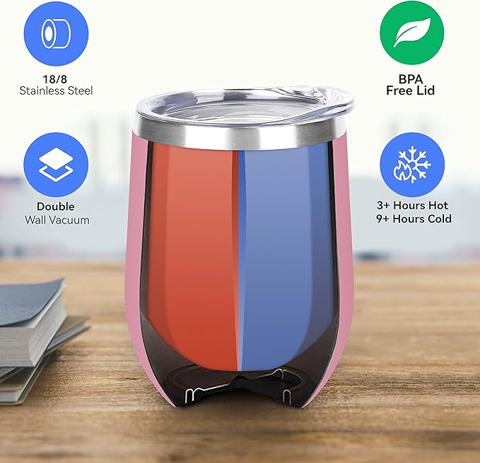 DOMICARE Stainless Steel Wine Tumbler Bulk with Lid, Personalized Insulated Tumblers Set, 12oz Travel Coffee Cups Pack of 1, Pink