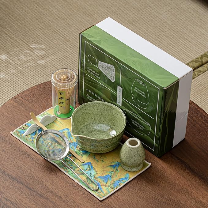 Matcha Set, Matcha Whisk Set Includes Matcha Bowl with Spout, Bamboo Whisk, Matcha Whisk Holder, Sifter, Scoop, Spoon Holder, Tea Towel- 7pcs Perfect Matcha Kit for Matcha Tea Ceremony (Jade Green)