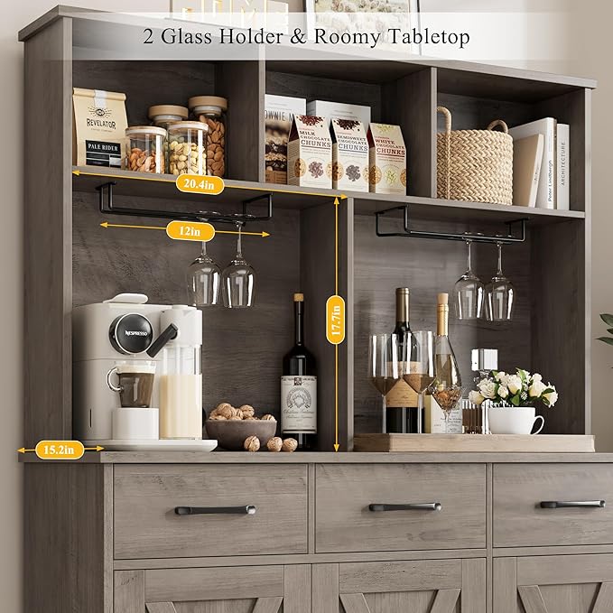 HOSTACK Buffet Cabinet with Hutch, Modern Farmhouse Kitchen Buffet Sideboard Storage with 3 Drawers, Barn Door Coffee Bar Station, Liquor Cabinet for Dining Room, Living Room, Ash Grey