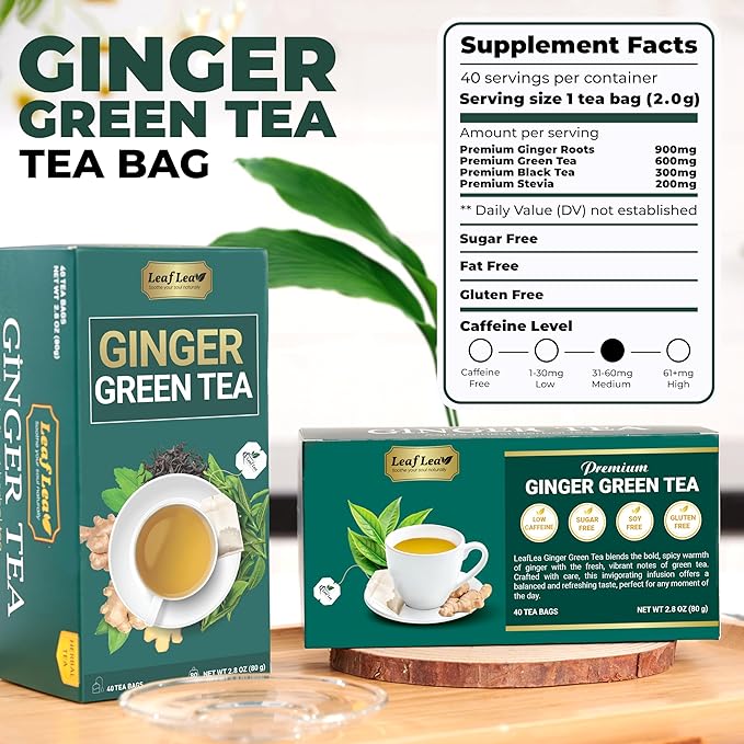 LeafLea Green Tea with Ginger, 80 Tea Bags (2 Packs), Natural Green Tea with Ginger Root, Lightly Sweetened with Stevia, Supports Digestion and Immunity, Low Caffeine, Non-GMO, Gluten-Free