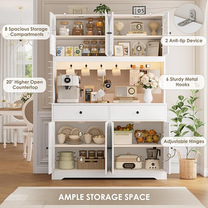 HIFIT 71" LED Kitchen Pantry Cabinet with Power Outlet, Large Kitchen Hutch Storage Cabinet with Arched Door & Shelves & 2 Drawers, Tall Modern Coffee Bar with Hutch for Home Dining Living Room, White