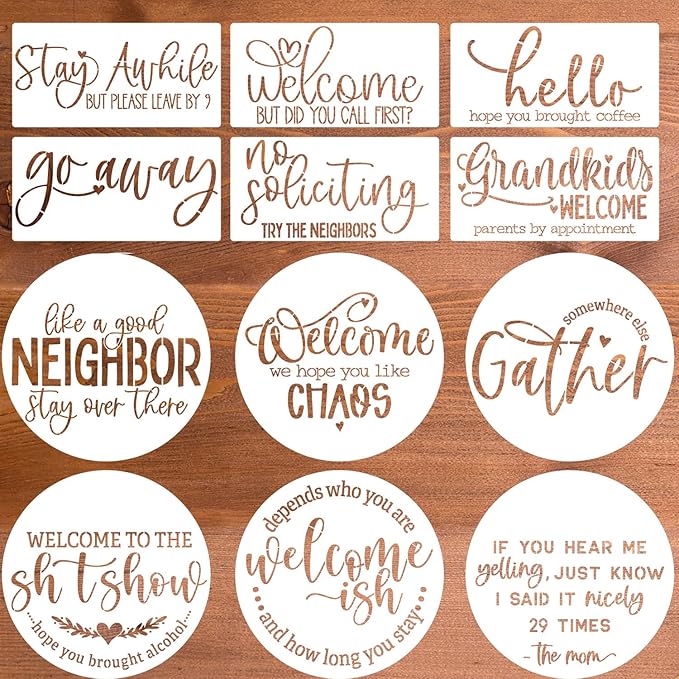 Funny Welcome Stencils for Painting Sarcastic Round Stencil Large Gather Stay Awhile Templates for Door Hanger,Doormat, Porch Sign, Wreath