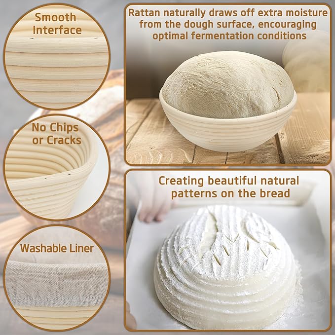 Banneton Bread Proofing Basket 7 Inch Sourdough Baking Rising Banaton Proofer Box Warmer Baskets Oval Round Bowl Cover Bowls Making Small Bulk Set of 2 Kit Supplies Tools Rattan for Home Bakers Gifts