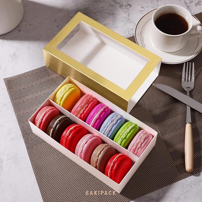 Macaron Boxes - 15 Gold Macaron Gift Boxes with Clear Window, Interior 7.3x4.2x1.9 Inches