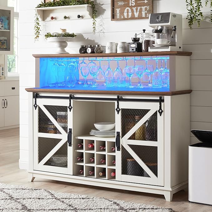 OKD Farmhouse Coffee Bar Cabinet with LED Lights, 55" Wine Bar Cabinet w/Sliding Barn Door & Wine and Glass Rack, Kitchen Buffet Cabinet w/Storage Shelves for Dining Room,Antique White