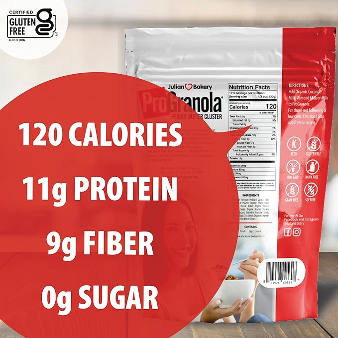 Julian Bakery® ProGranola® Cereal | Peanut Butter Cluster | 12g Protein | 2 Net Carbs | Gluten-Free | Grain-Free | 3 Pack