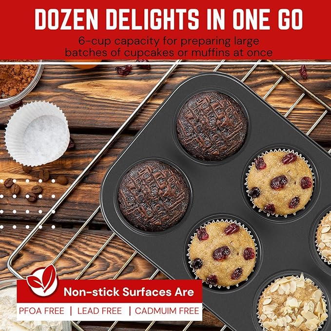 Flexzion Muffin Tray Cupcake Baking Pan 2 Pack, 6-Cup Nonstick Carbon Steel Muffin Tins Non-Stick Cupcake Tin Bakeware Accessories for Baking Cupcakes Muffin Brownies Snacks, Easy Clean, Fridge Safe