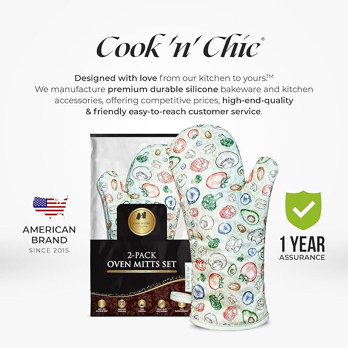 Premium Green Oven Mitts - Stylish and Heat-Resistant - Non-Slip Platinum Silicone Grip - Long and Thick - 100% Natural Cotton Exterior and Soft Terry Cloth Lining - Set of 2 by Cook'n'Chic