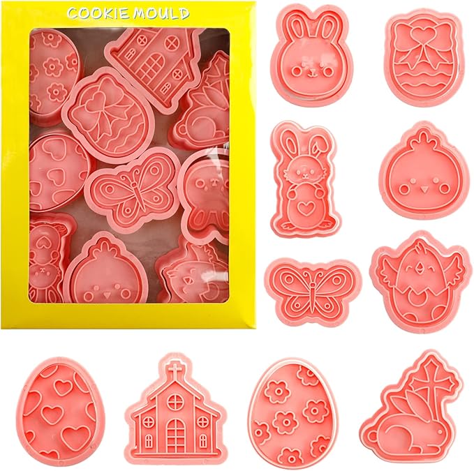 10 Pcs Cookie Cutters Set Cookie Stamps 3D Cookie Stamps for Biscuit Snacks Fondant Cheese Baking Molds for Rabbit Egg Butterfly Church Chick