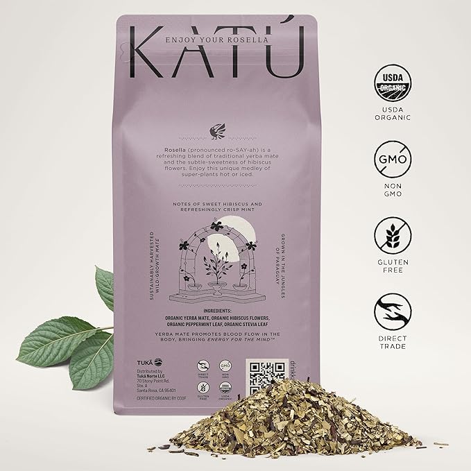 Katú Rosella Premium Organic Loose-Leaf Yerba Mate Tea with Hibiscus, Peppermint, and Stevia Leaves, Vibrant Floral Twist, Natural Energy, 17.6 oz (500g)