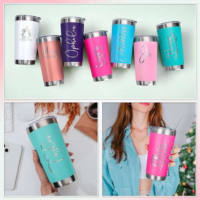 Personalized Tumbler with Engraved Name - 12 Designs, 20 Oz Coffee Tumbler with Slider Lid, Hot Pink, Double Wall Insulated - Custom Gift for Women