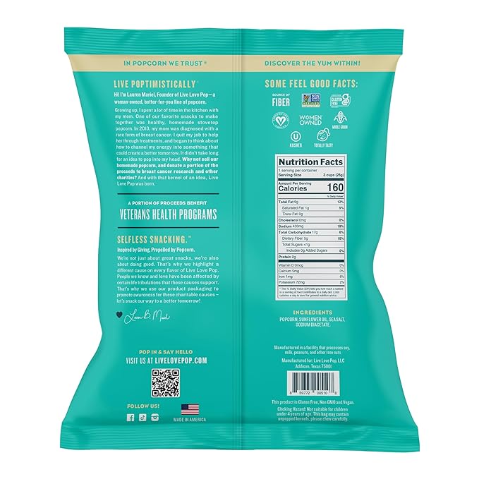 Live Love Pop Salt and Vinegar Flavored Gourmet Popcorn, 1.0 Oz (Pack of 12), Individual Snack Size Bags, Healthy Snack, Gluten Free, Vegan & Non-GMO, Mission Driven Munchies