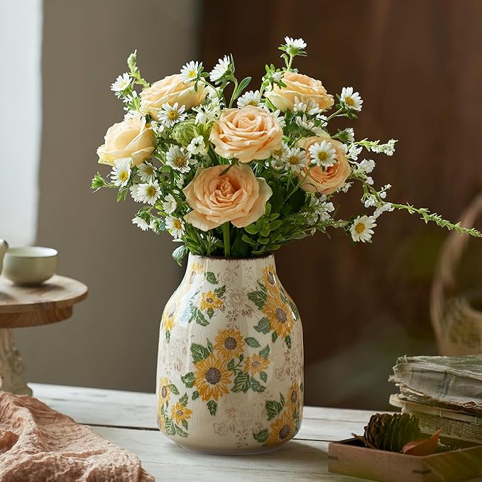 Vintage Ceramic Vase, 7.7 Inch Chinoiserie Sunflower Floral Vases, Rustic Farmhouse Antique Flower Vases for Home Decor Modern Aesthetic Tuscan Decorations (Conical)