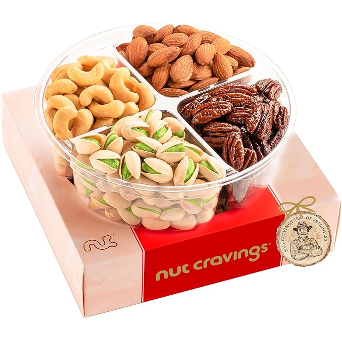 NUT CRAVINGS - Thanksgiving Mixed Nuts Gift Basket in Red Gold Box (4 Assortments) Holiday Xmas Christmas Food Arrangement, Healthy Snack Care Package, Food Assortments