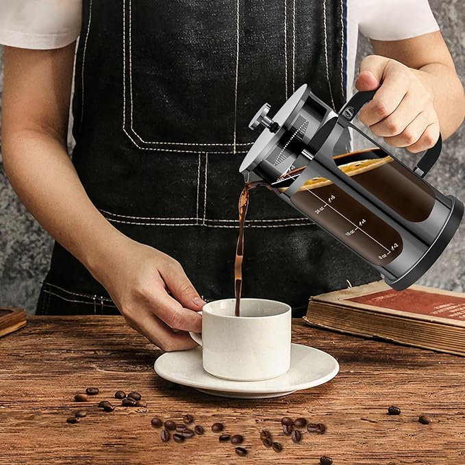 French Press Coffee Maker (34oz 1Quart 5-6Cup) Coffee Press, with 4 Filters System, Heat Resistant Thickness Borosilicate Glass, Cold Brew Coffee Tea Pot Gifts (Bright Black)