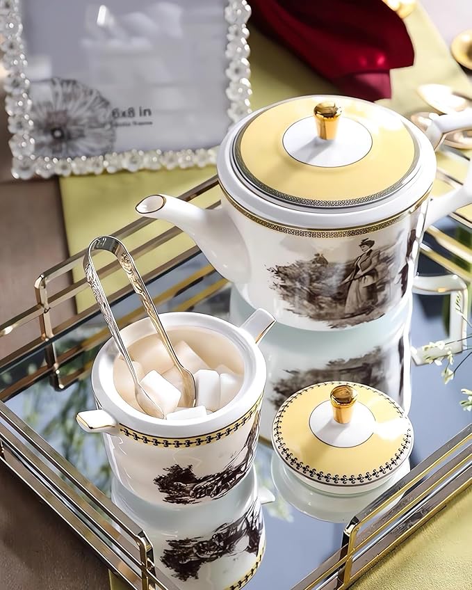 ACMLIFE Tea Set for Adults- Fine China Tea Set for 6, 21-Piece Vintage Coffee Set English Porcelain Tea Pot Sets for Adult Tea Party for Women Gift (Yellow, Extra Large 21)