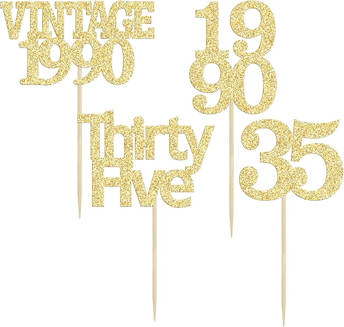 Gyufise 24Pcs Happy 35th Birthday Cupcake Toppers Glitter Thirty Five 35 Fabulous Vintage 1990 Cupcake Picks for 30th Birthday Wedding Anniversary Party Cake Decorations Supplies Gold