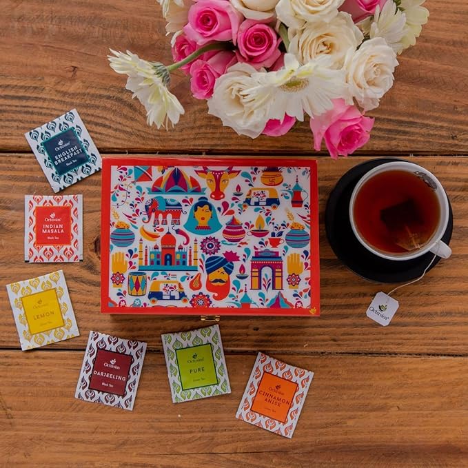 Octavius Gift's Select - Assorted Tea in Multi Design Printed Wooden Box | 6 Flavors, 90 Tea Bags | Black & Green Tea | Tea Gifts for Women & Men | Tea Variety Pack | Mothers Day Tea Gift Box