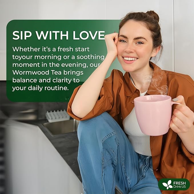 FreshDrinkUS, Premium Wormwood Tea - 40 Tea Bags - Handcrafted Herbal Blend, Caffeine-Free – Smooth Taste & Naturally Refreshing.