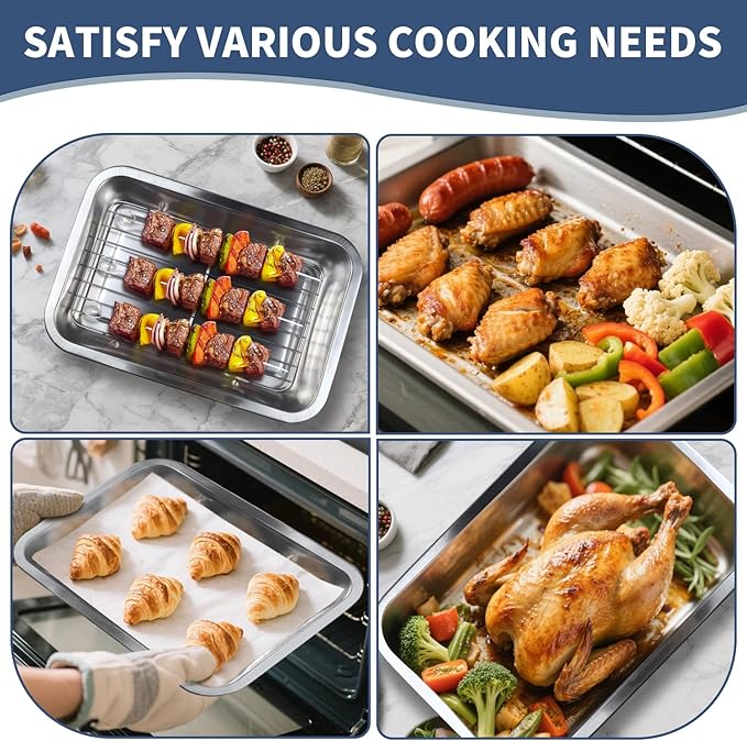 Sheet Pan with Cooling Rack Set [2 Baking Sheets + 1 Baking Rack], Stainless Steel Cookie Sheets for Baking and Wire Rack, Warp Resistant, Heavy Duty, Rust Free, Size 12.4 x 8.46 x 1.77 Inch