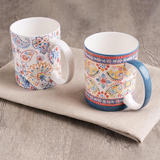 Maison d' Hermine Coffee Mug with Handles Fine Bone China Mugs Pack of Two Tea Cups for Hot Beverages Cappuccino Latte Home Restaurant Office Perfect for Gift (Indian Floral, 12 Ounce)