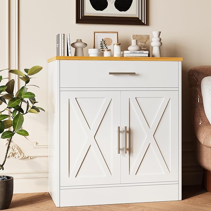 Vongrasig Sideboard Buffet with Storage, Modern Kitchen Storage Cabinet with 1 Drawer and 2 Doors, Wood Coffee Bar Buffet Table for Kitchen, Dining Room, White